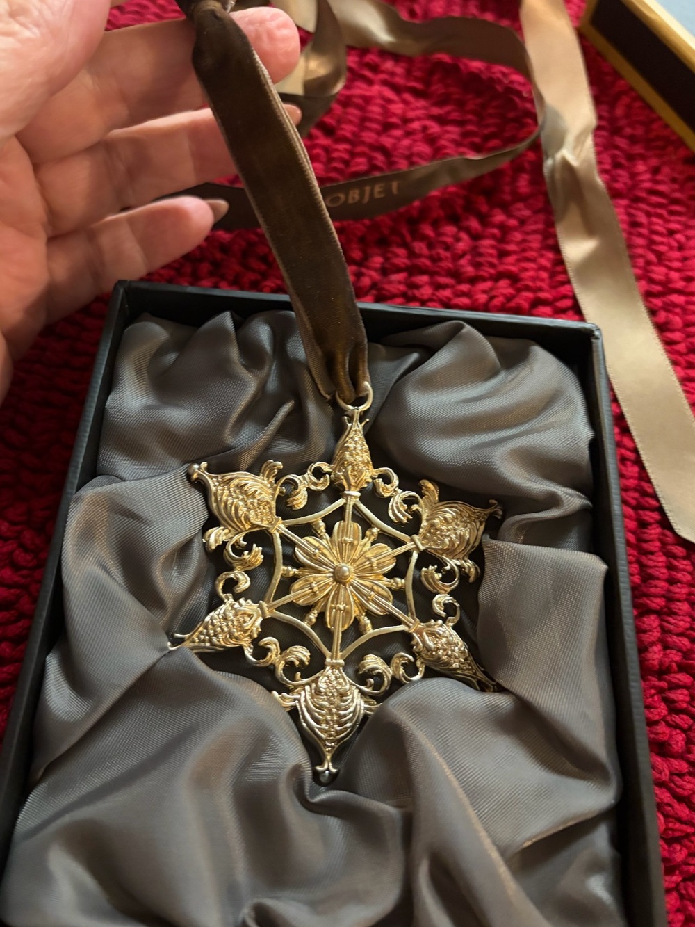 L’Objet Gold Christmas Ornament Filigree Snowflake Birds Box & Original Ribbon